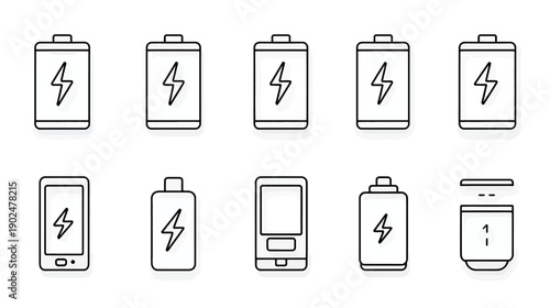Set of outline vector icons for battery charging status, power levels, and mobile device energy indicators in a modern flat design.