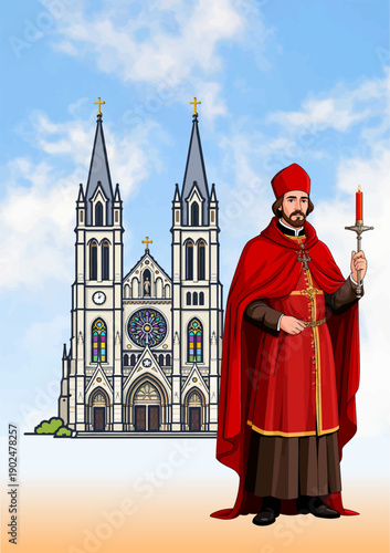 066-03-Saint blaise, a catholic bishop, standing with a lit candle in front of a church