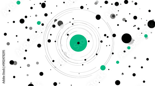 Abstract digital animation: Central green core with orbiting particles and scattered dots, symbolizing data, network, technology, and energy.