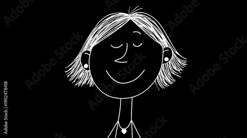 Minimalist hand-drawn cartoon woman portrait smiling with closed eyes. Simple white line art illustration of a happy female face on a black background.