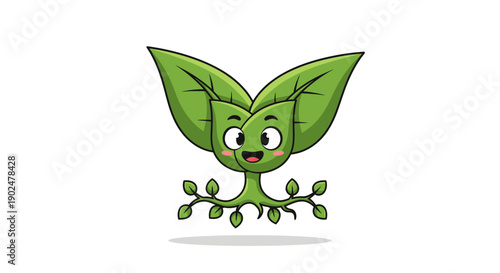 Cartoon Leaf Character Smiles with Roots Ears on White Background – Mascot Illustration