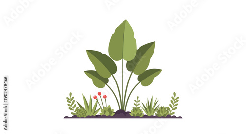 Viewing a cartoon plant with four teardrop leaves, thick stem and surrounding soil, grasses and wildflowers in a white backdrop illustration