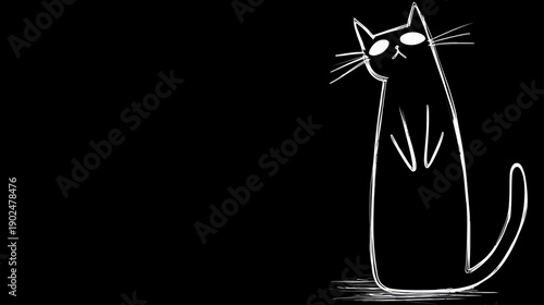 Stylized white outline cartoon cat illustration with big eyes on a black background, quirky and minimalist pet art.