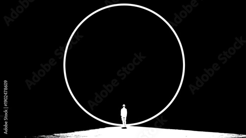Abstract black and white minimalist artwork: lone figure standing before an incomplete glowing circle, symbolizing challenges, future, or self-discovery.