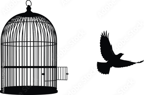 Birdcage silhouette icon, flying bird vector, freedom escape design, liberation artwork, abstract nature symbol, decorative illustration, open cage graphic