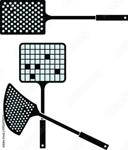 Fly swatter icons, household tool vector, insect control design, bug catcher illustration, plastic swatter artwork, grid pattern, pest control symbol