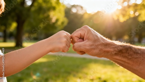 Close-up of father and child hands fist bumping with blurred nature background