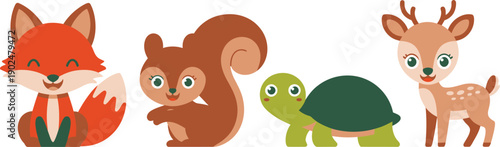 Cute cartoon forest animals set with fox squirrel turtle and deer isolated on white background