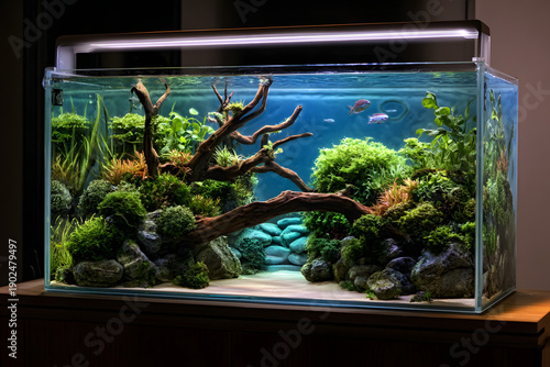 Beautiful freshwater aquascape with live aquarium plants, Frodo stones, redmoor roots covered by java moss and a school of blue neon tetra fish. Isolated view.
