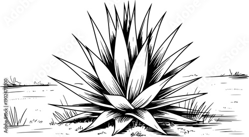 Black and White Illustration of a Large Agave Plant in a Dry Landscape