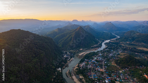 View of the Moei River and mountains which forms the border between Thailand and Myanmar, in Sob Moei District, Tak Province. Mae Tawa Pier
