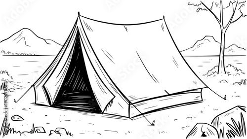Black and White Illustration of a Tent in a Natural Landscape