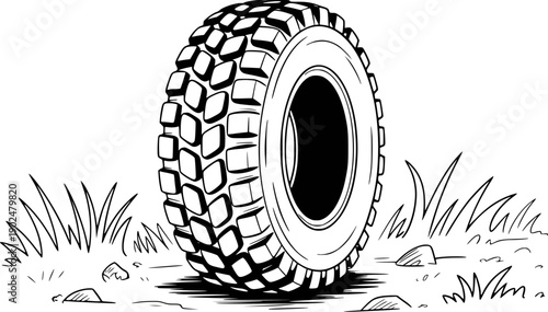 Black and White Illustration of a Rugged Tire in Grassy Terrain
