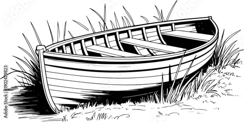 Black and White Illustration of a Rowboat Resting Among Tall Grass