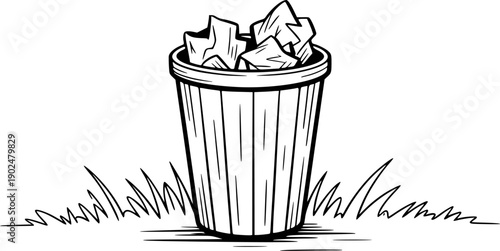 Black and White Illustration of a Trash Can Filled with Crumpled Paper on Grass