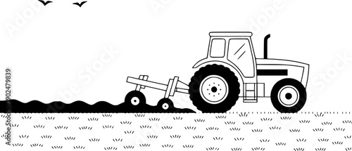 Black and White Illustration of a Tractor Plowing a Field with Birds Flying Overhead