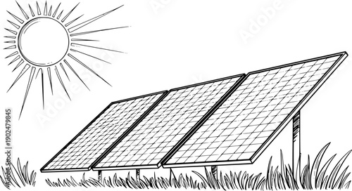 Black and White Illustration of Solar Panels Under a Shining Sun
