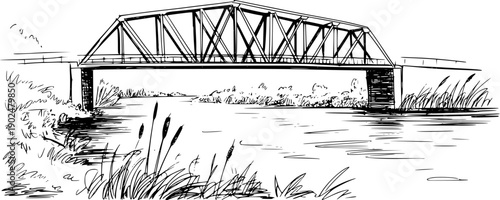 Black and White Sketch of a Truss Bridge Over a River with Reeds