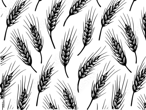 Black and White Wheat Stalks Pattern - Hand-Drawn Illustration