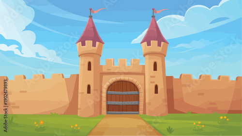 Cartoon Castle Gate with Towers and Flags Under a Blue Sky