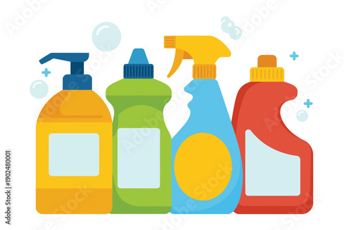 Colorful collection of cleaning product bottles with bubbles and sparkles