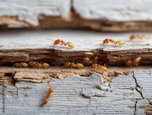 Close Up of Live Termites on Wooden Trim Inside House Showing Pest Damage