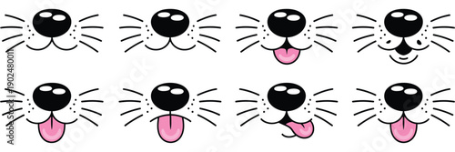 Cute Cartoon Animal Noses and Mouths with Whiskers and Tongues