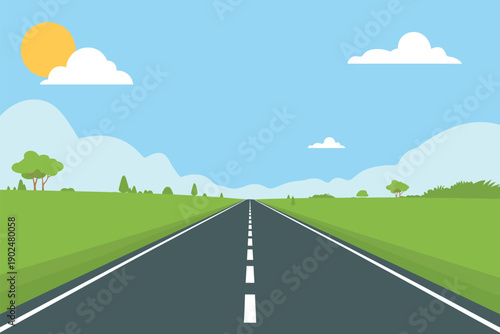 Flat illustration of a long, straight road stretching into the distance under a blue sky