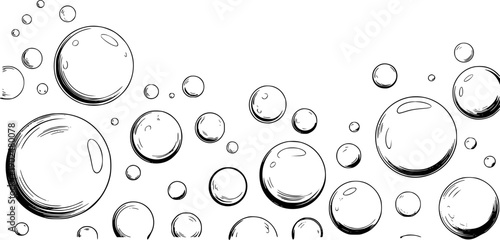 Hand-Drawn Bubbles Floating in Water, Black and White Illustration