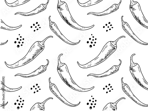 Hand-Drawn Chili Pepper Pattern with Black Dots on White Background
