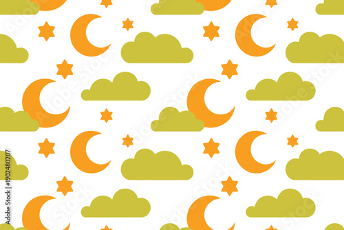 Seamless Pattern of Orange Crescent Moons, Yellow-Green Clouds, and Orange Stars on White