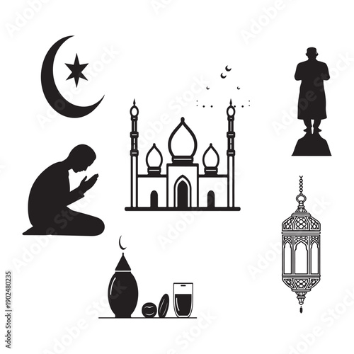 Set of islamic ramadan lanterns and moon star silhouette icons vector illustration 