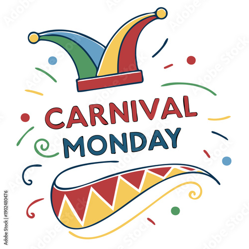 Colorful carnival monday illustration with jester hat and decorative elements isolated