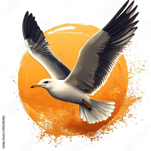 Seagull Flying Against Orange Sunburst Splatter bird flight photo