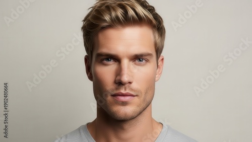 Frontal close up portrait of attractive blonde male model with blue eyes and short stubble on white backdrop