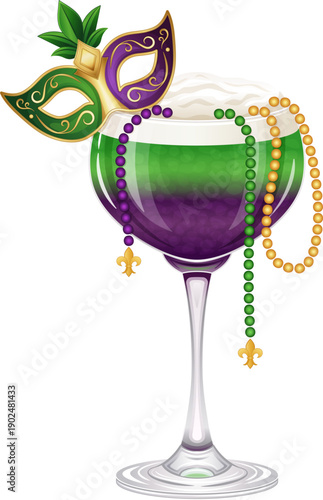 Mardi Gras Cocktail with Mask Feathers Beads Fleur-de-Lis – Festive Green Purple Drink Illustration