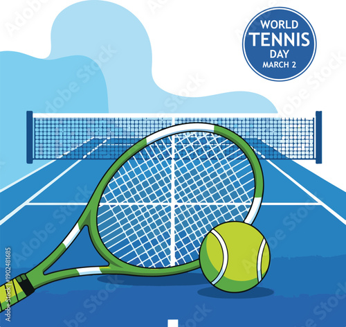 World Tennis Day Illustration with Racket, Ball, and Blue Court Background