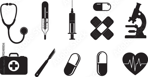 Medical icons set, including stethoscope, thermometer, syringe, microscope, first aid kit, pills, and heartbeat symbol, for healthcare or medical website, presentation, or marketing material