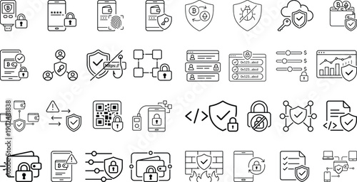 Crypto Wallet Security and Blockchain Protection Icons Set