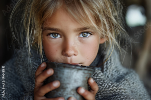 Wallpaper Mural Dziecko Pijące z Starego Metalowego Kubka – Zbliżenie na Brudne Ręce i Natarczywy Wzrok Torontodigital.ca
