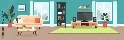 Flat vector illustration of a modern living room interior with sofa, TV, plants, bookshelf and large windows. Cozy home apartment scene in clean cartoon style for design projects.