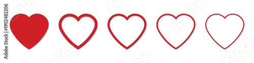 A series of heart icons in red and outline variations, symbolizing love, likes, and health in digital interfaces.