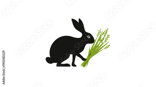 Black silhouette of a rabbit or hare holding fresh green grass, minimalist design illustration isolated on a white background.