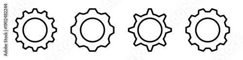 A set of outline gear icons with various tooth designs, symbolizing settings, mechanisms, and industrial processes.