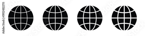 A collection of black globe icons with varying grid patterns, representing global communication and internet connectivity.