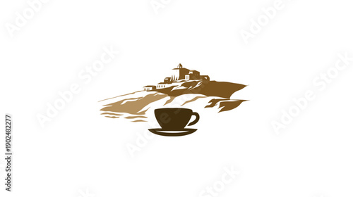 Stylized brown vector illustration of a naval ship and a steaming coffee cup, symbolizing maritime service, journey, or a relaxing break