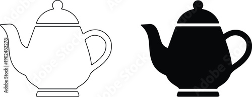Two teapots one in black silhouette and the other in white outline on transparent background