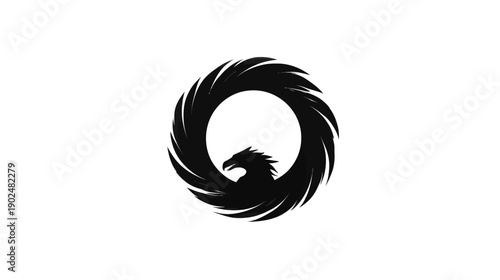 Dynamic abstract black eagle head silhouette in a fierce circular, feathered frame design, powerful bird logo concept illustration.