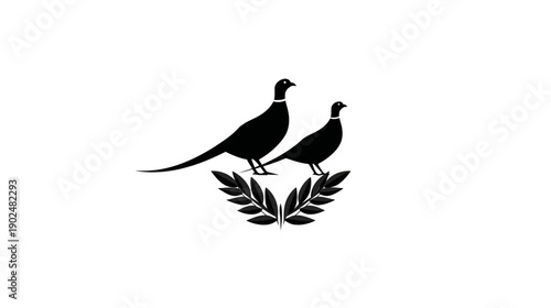 Elegant Black Silhouette of Two Pheasants Perched on a Classic Laurel Wreath - Vintage Style Emblem or Logo Design