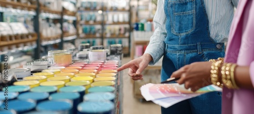 The paint display at a hardware store with customers choosing colorful paint samples